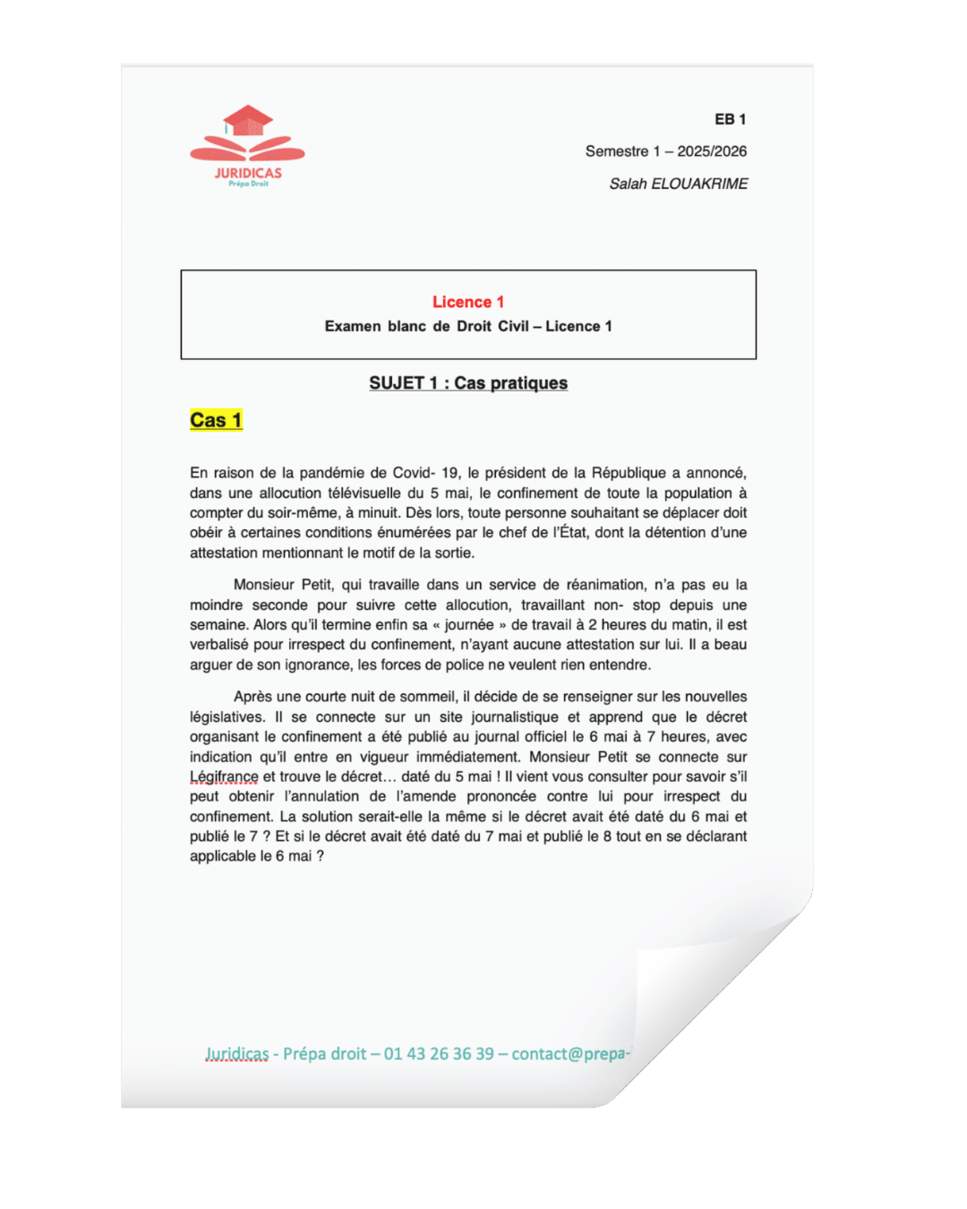 Exemples d'examens blancs Juridicas, sujet et copie corrigée
